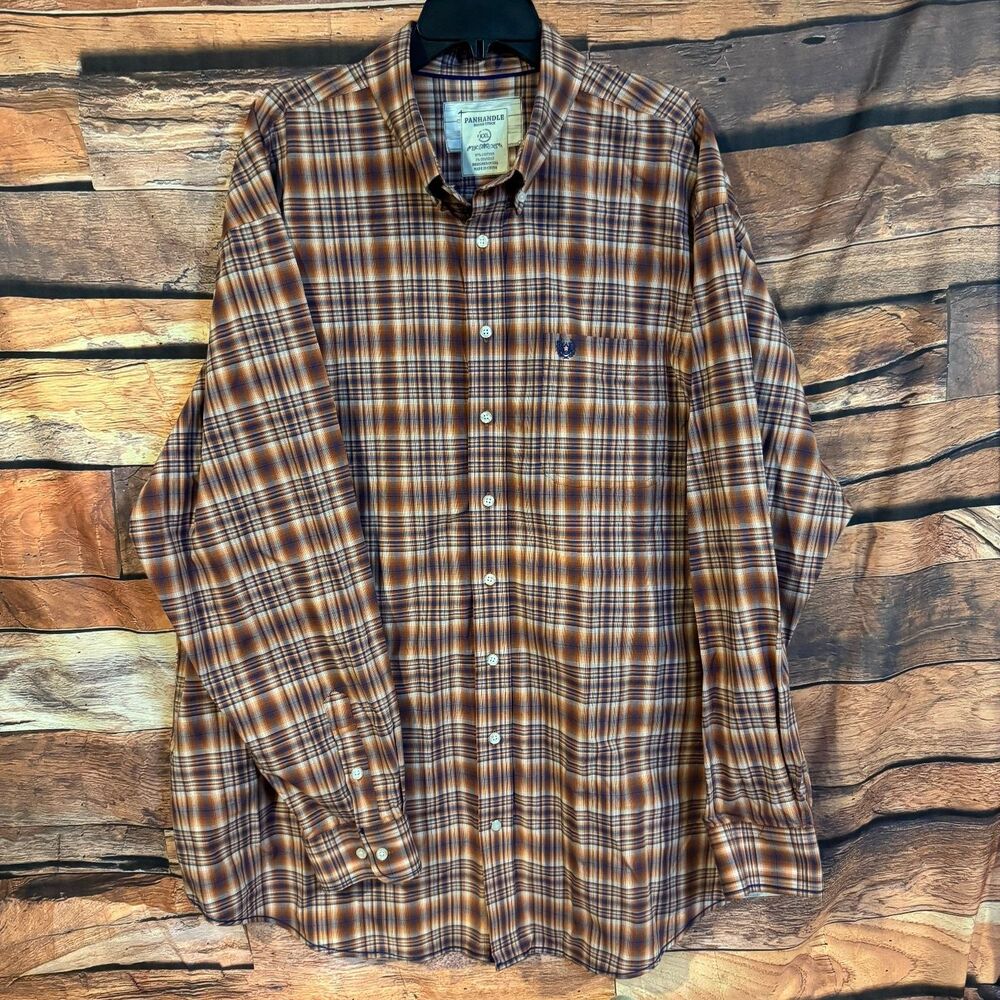 PANHANDLE Men’s Casual Button-Down Shirt Orange Blue Plaid XXL Cotton Stretch